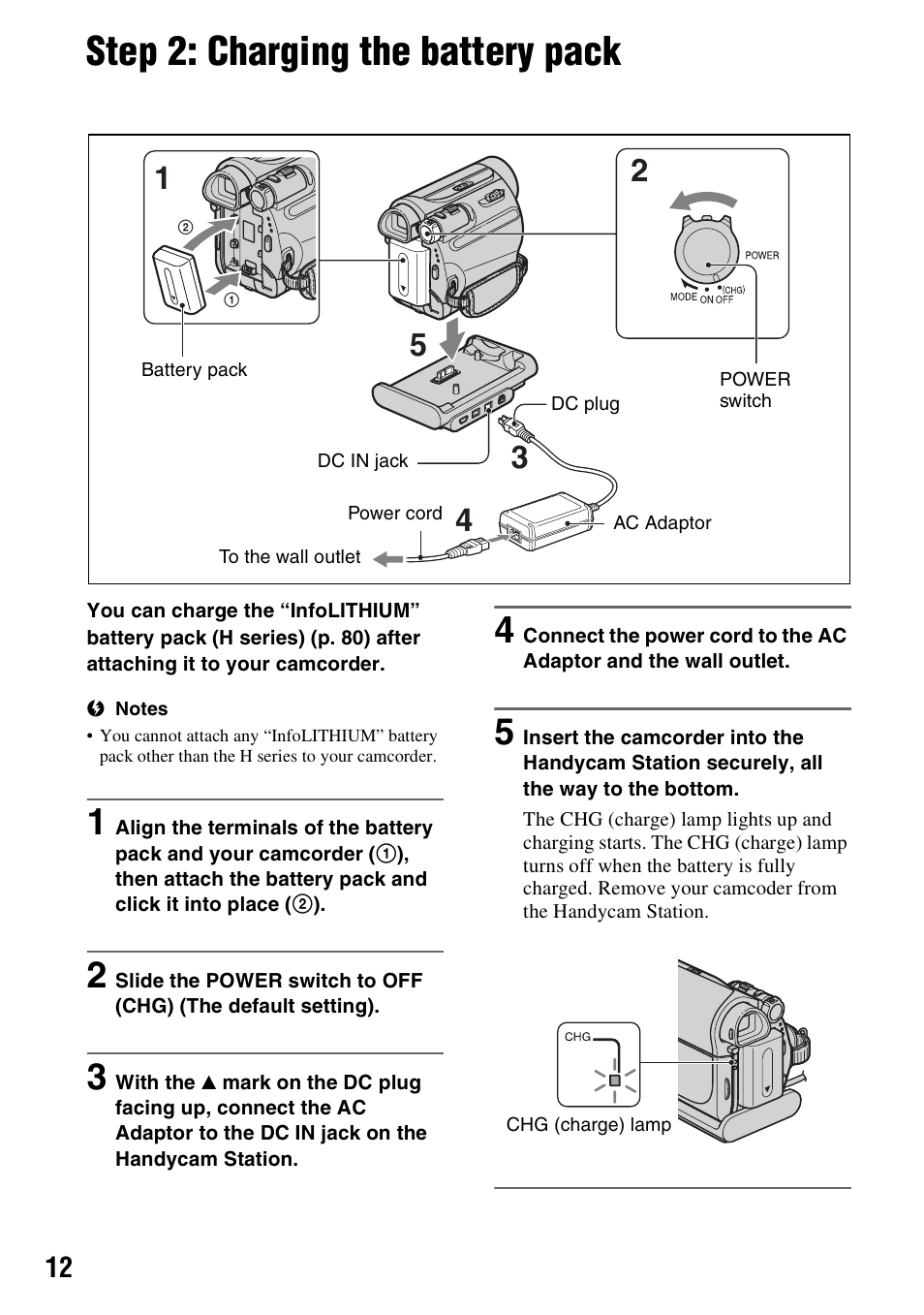 Step 2: charging the battery pack, P. 12), N (1) (p. 12 | P. 12 | Sony DCR-HC48 User Manual | Page 12 / 116