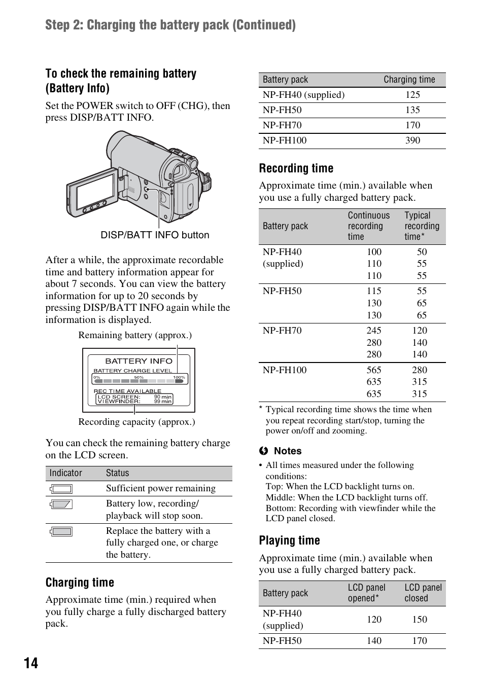 Step 2: charging the battery pack (continued), Charging time, Recording time | Playing time | Sony DCR-HC48 User Manual | Page 14 / 116