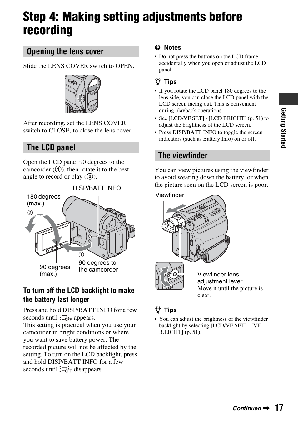 Step 4: making setting adjustments, Before recording, Opening the lens cover the lcd panel | The viewfinder | Sony DCR-HC48 User Manual | Page 17 / 116