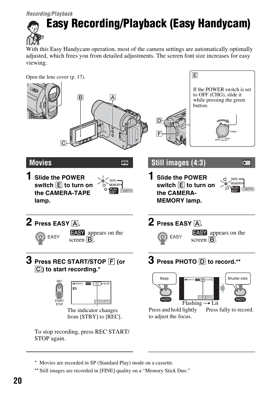 Recording/playback, Easy recording/playback (easy handycam), Recording | Playback, Easy recording/playback, Easy handycam), Movies, Still images (4:3) | Sony DCR-HC48 User Manual | Page 20 / 116