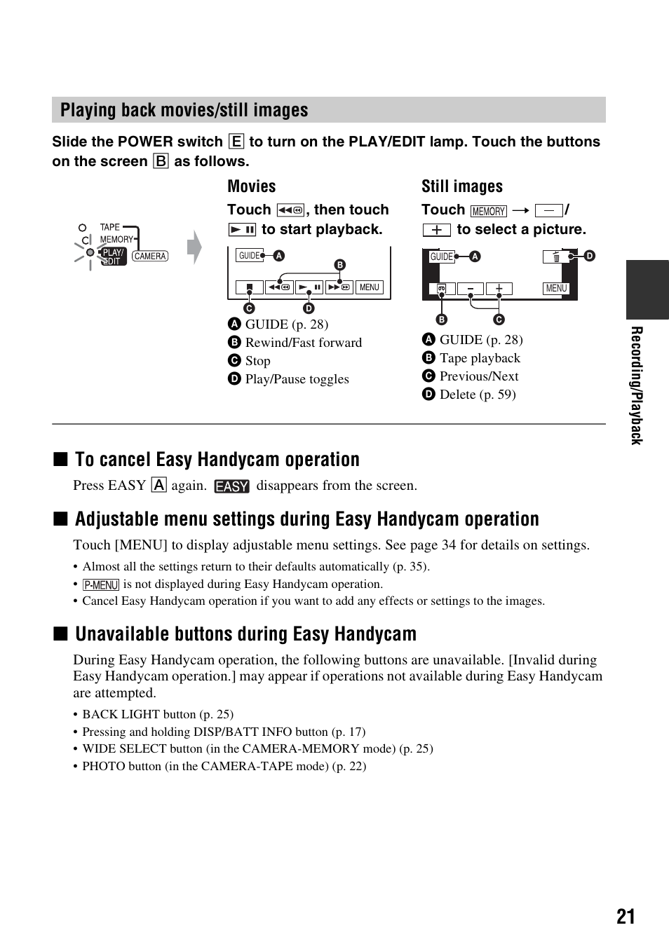 Xto cancel easy handycam operation, Xunavailable buttons during easy handycam, Playing back movies/still images | Sony DCR-HC48 User Manual | Page 21 / 116