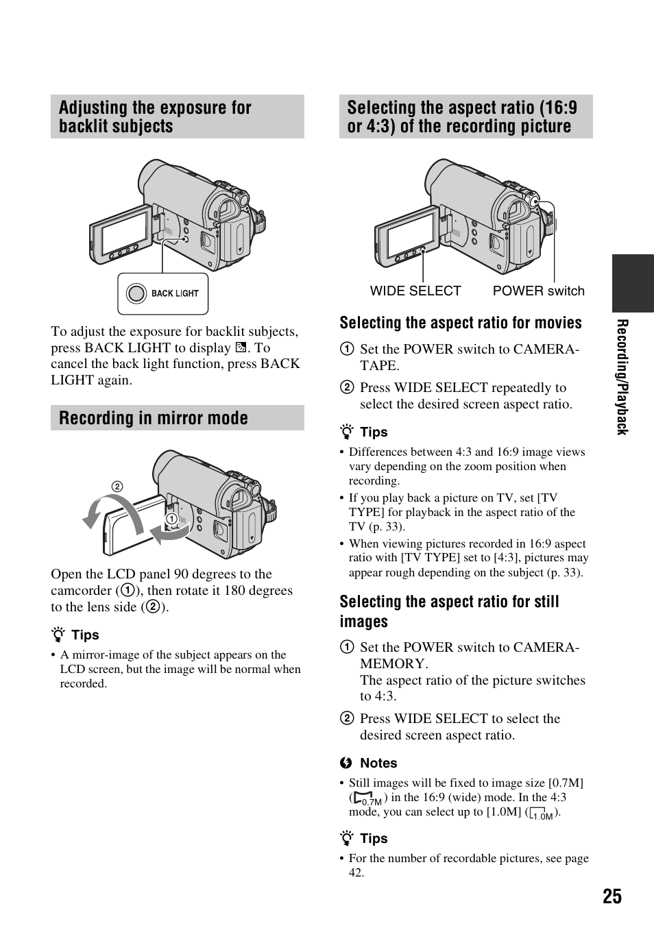 Adjusting the exposure for backlit subjects, Recording in mirror mode, Adjusting the exposure for backlit | Subjects, 25 selecting the aspect ratio (16:9 or, 3) of the recording picture, P. 25), P. 25 | Sony DCR-HC48 User Manual | Page 25 / 116