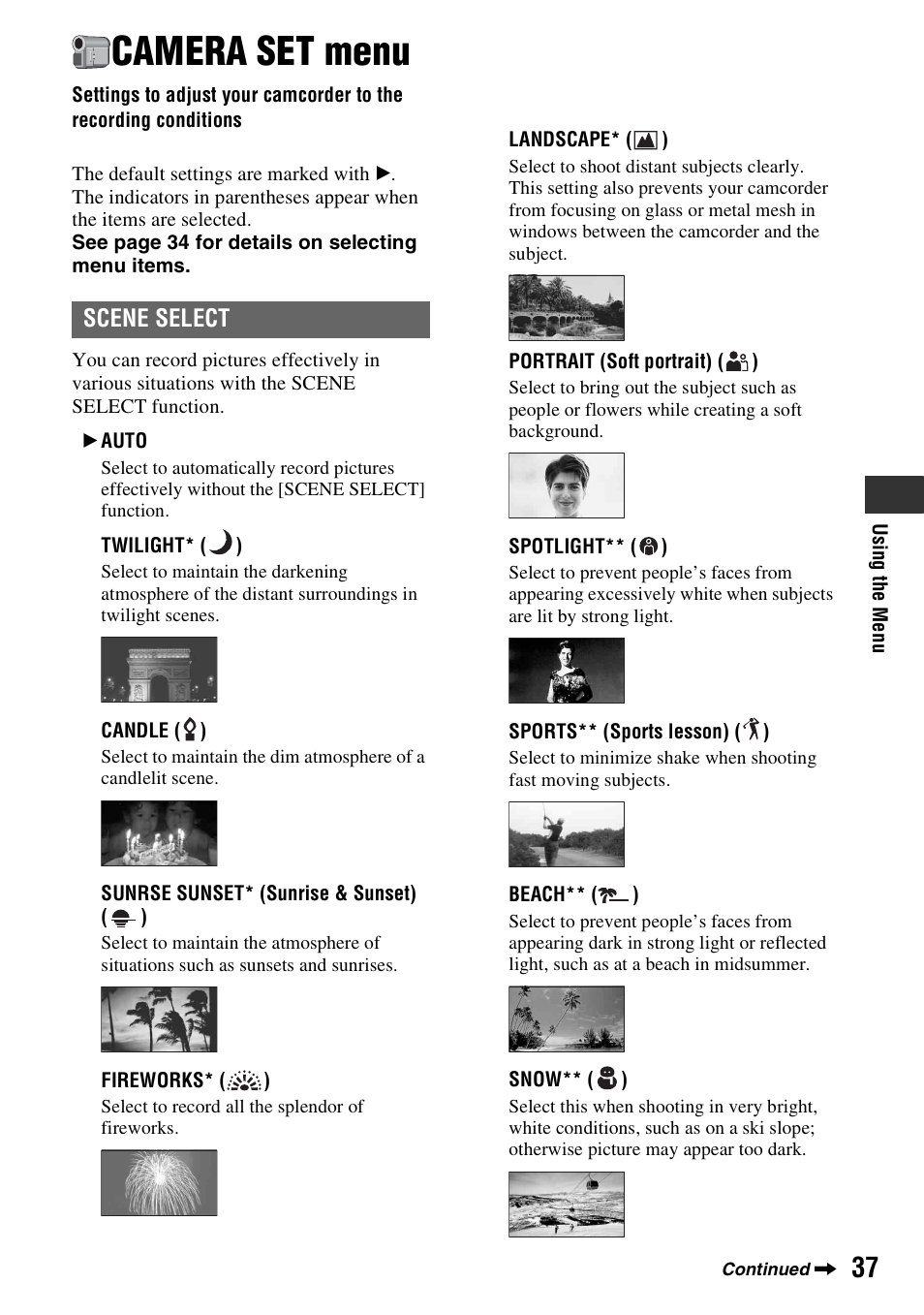 Camera set menu, Settings to adjust your camcorder to, The recording conditions | P. 37, Scene select | Sony DCR-HC48 User Manual | Page 37 / 116