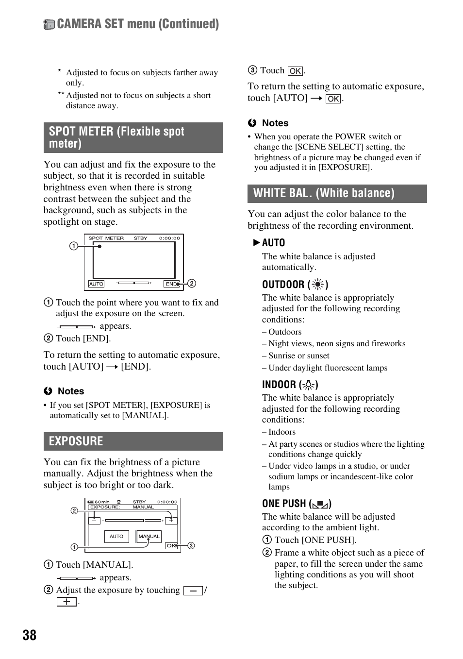 Camera set menu (continued), Spot meter (flexible spot meter) exposure, White bal. (white balance) | Sony DCR-HC48 User Manual | Page 38 / 116