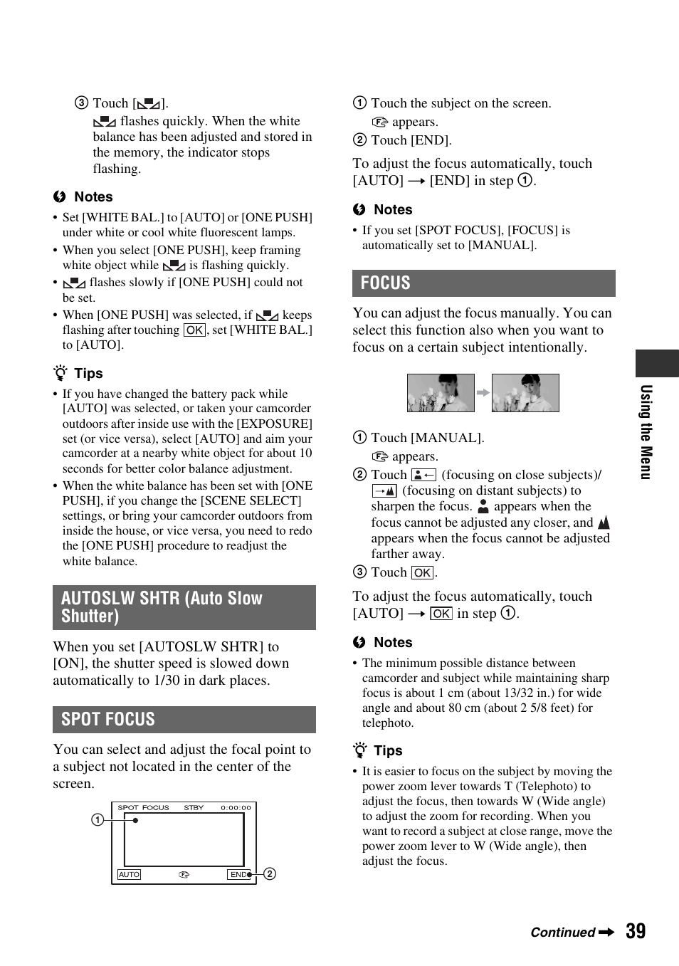 P. 39, Autoslw shtr (auto slow shutter) spot focus, Focus | Sony DCR-HC48 User Manual | Page 39 / 116