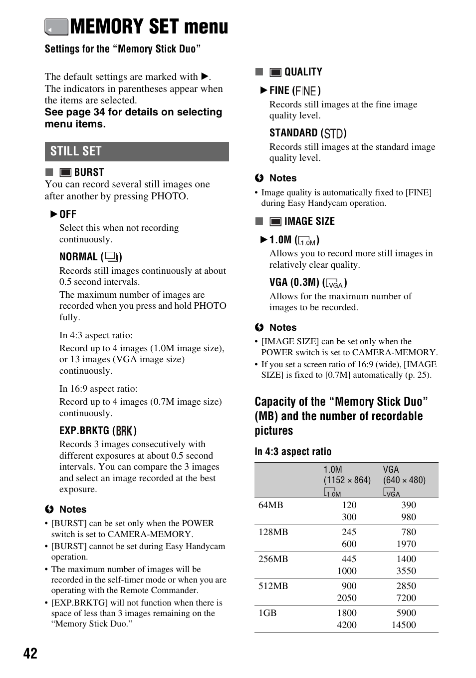 Memory set menu, Settings for the “memory stick duo, P. 42) | Still set | Sony DCR-HC48 User Manual | Page 42 / 116