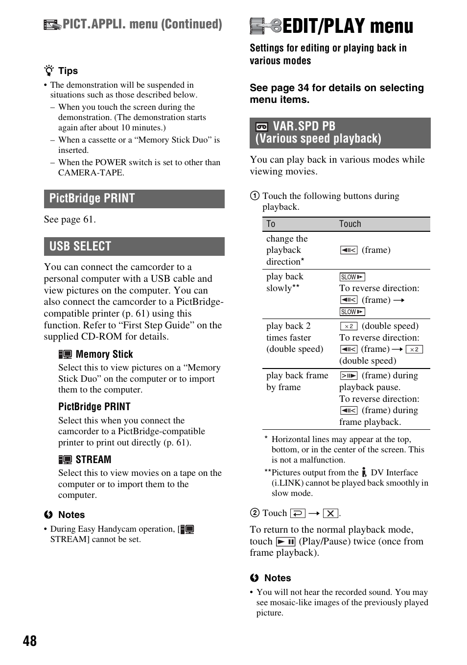 Edit/play menu, Settings for editing or playing back in, Various modes | Pict.appli. menu (continued), Pictbridge print usb select, Var.spd pb (various speed playback) | Sony DCR-HC48 User Manual | Page 48 / 116