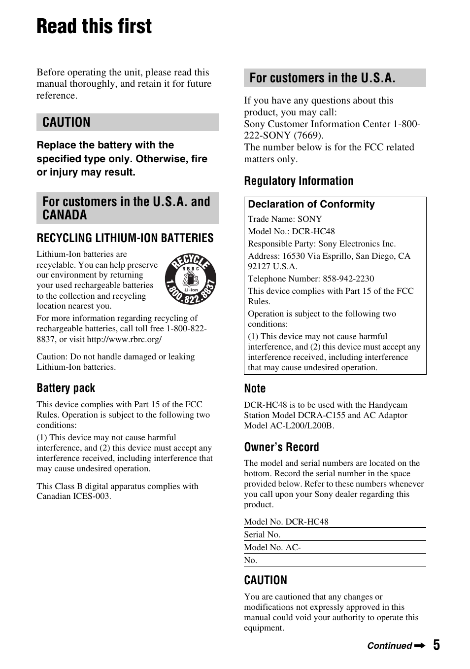 Read this first | Sony DCR-HC48 User Manual | Page 5 / 116