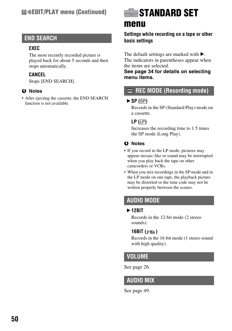 Standard set menu, Settings while recording on a tape or, Other basic settings | P. 50), Edit/play menu (continued) | Sony DCR-HC48 User Manual | Page 50 / 116