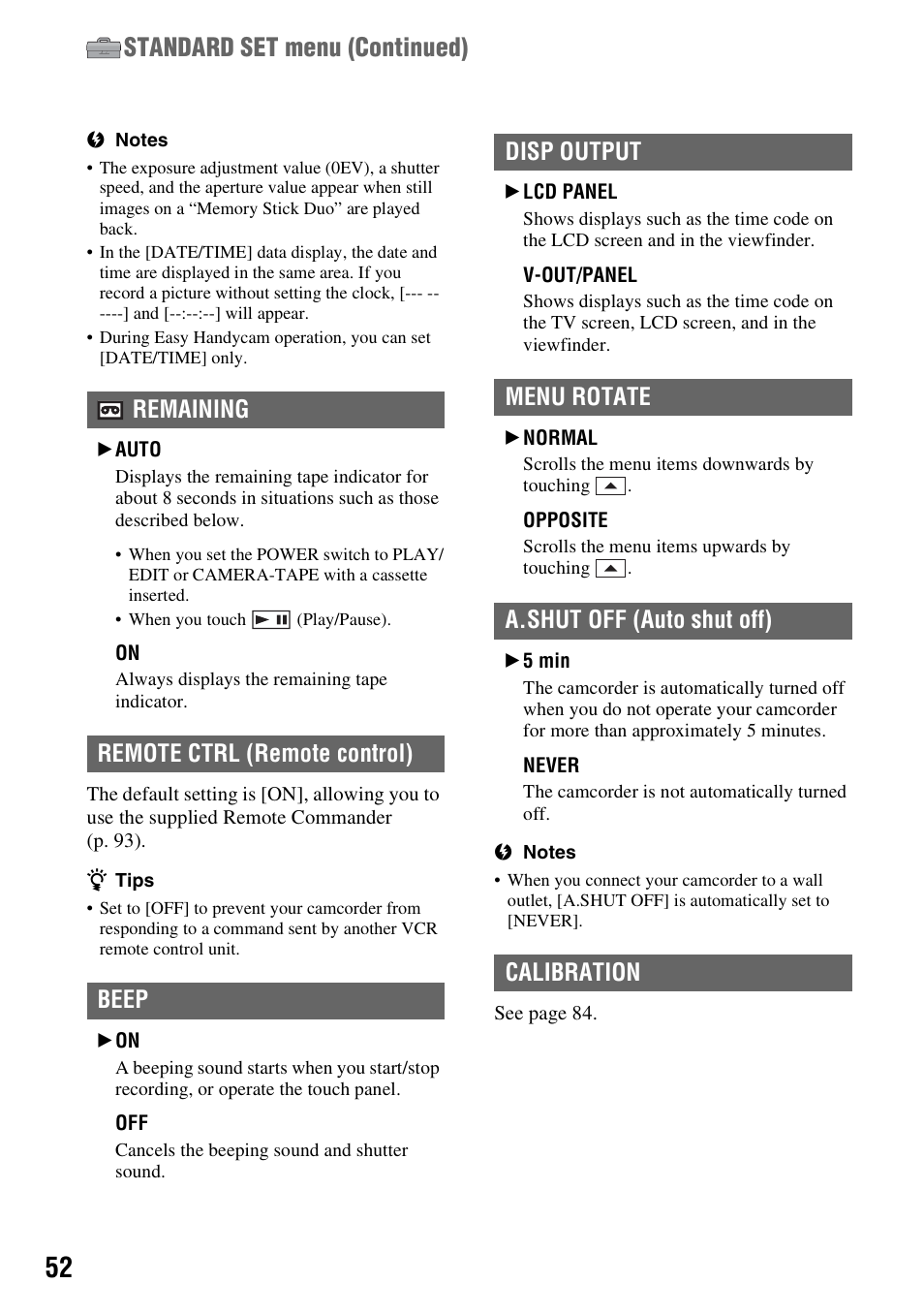 P. 52, P. 52), Standard set menu (continued) | Sony DCR-HC48 User Manual | Page 52 / 116