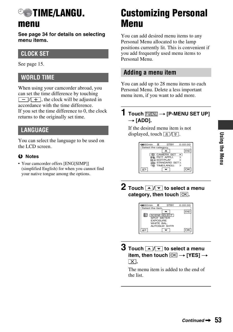 Time/langu. menu, Customizing personal menu, Adding a menu item | Clock set world time language | Sony DCR-HC48 User Manual | Page 53 / 116