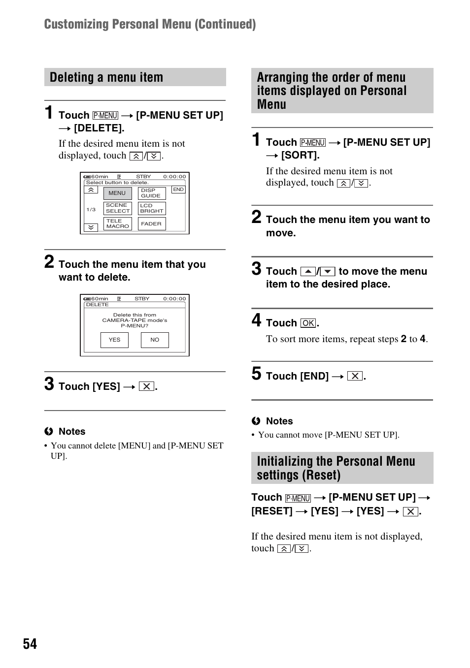 Deleting a menu item | Sony DCR-HC48 User Manual | Page 54 / 116