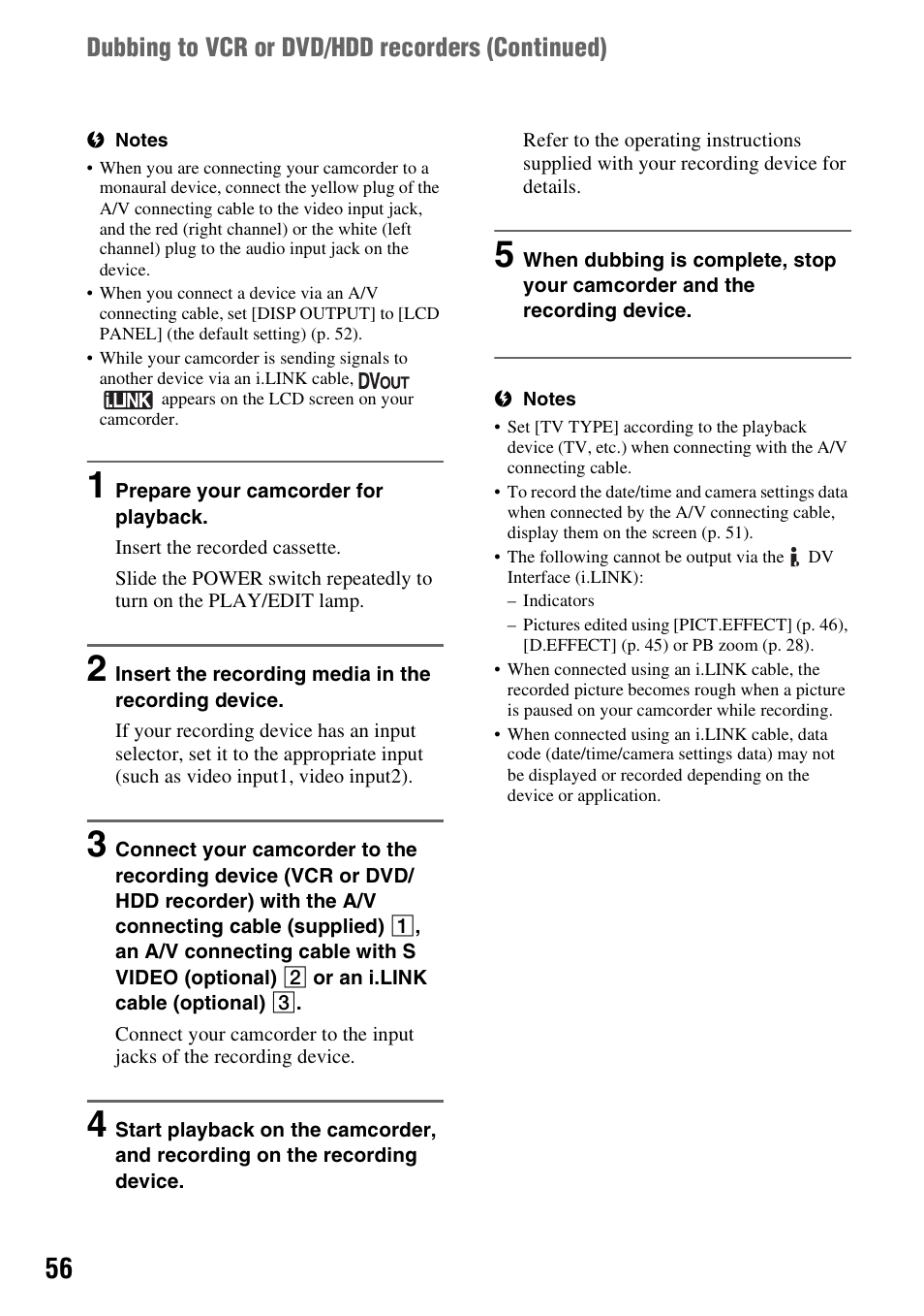 Dubbing to vcr or dvd/hdd recorders (continued) | Sony DCR-HC48 User Manual | Page 56 / 116
