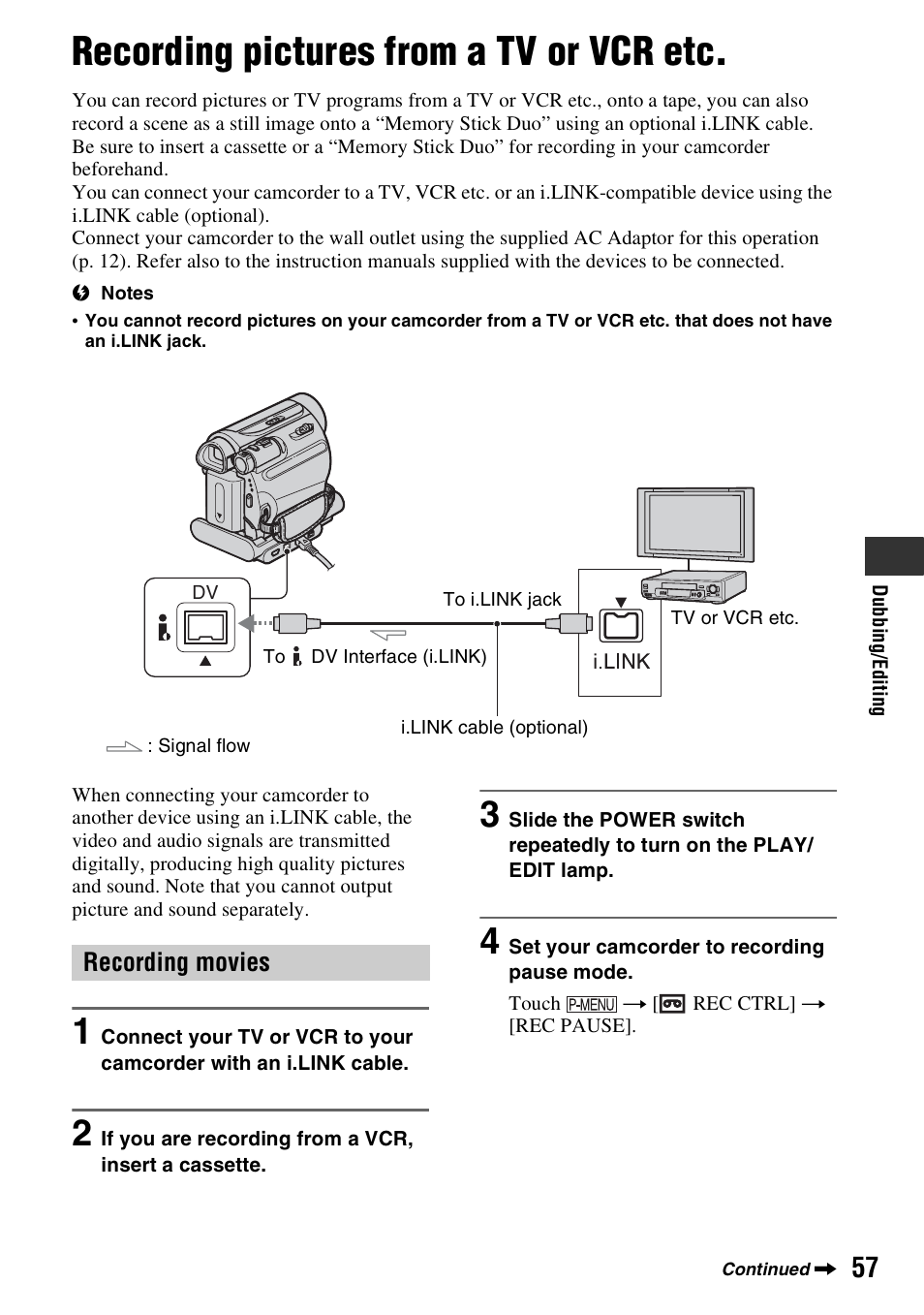 Recording pictures from a tv or vcr etc, Recording pictures from a tv or vcr, Recording movies | Sony DCR-HC48 User Manual | Page 57 / 116