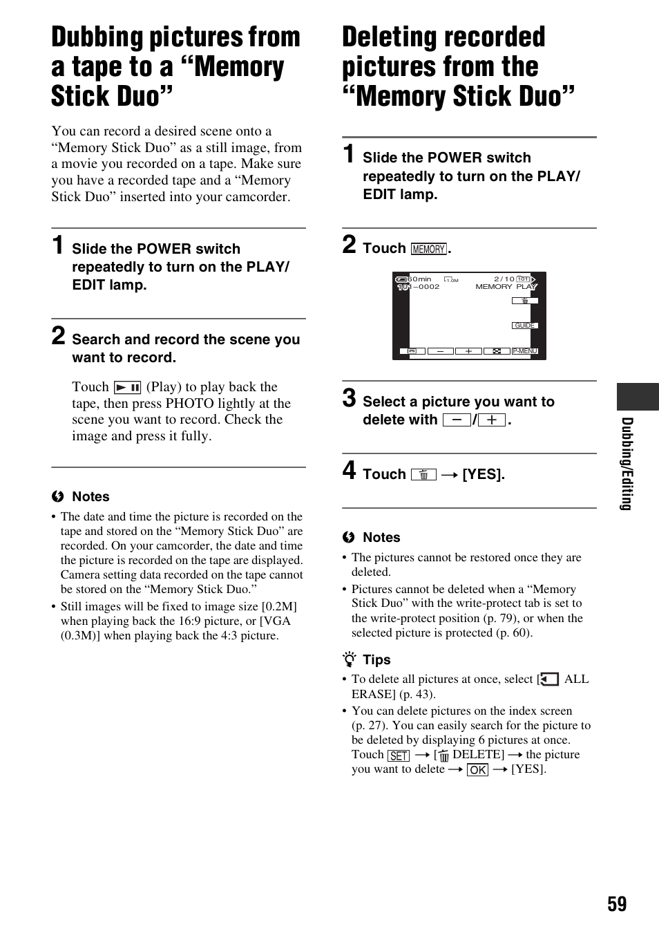 Dubbing pictures from a tape to a, Memory stick duo, Deleting recorded pictures from the | P. 59) | Sony DCR-HC48 User Manual | Page 59 / 116