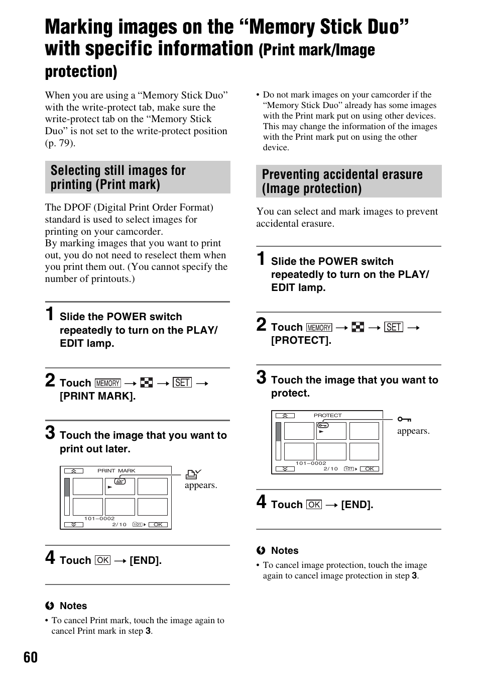 Marking images on the “memory stick, P. 60), Print mark/image protection) | Selecting still images for printing (print mark), Preventing accidental erasure (image protection) | Sony DCR-HC48 User Manual | Page 60 / 116