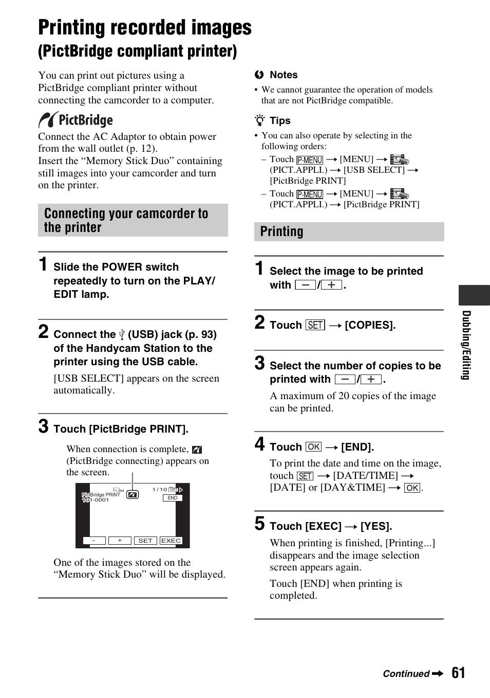 Printing recorded images, Pictbridge compliant printer), E (1) (p. 61) | P. 61, P. 61), Connecting your camcorder to the printer, Printing | Sony DCR-HC48 User Manual | Page 61 / 116