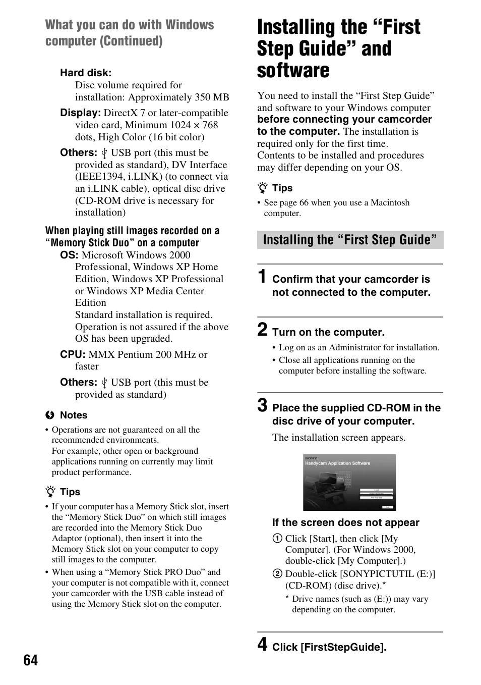 Installing the “first step guide” and software, Installing the “first step guide” and, Software | Installing the “first step guide, What you can do with windows computer (continued) | Sony DCR-HC48 User Manual | Page 64 / 116