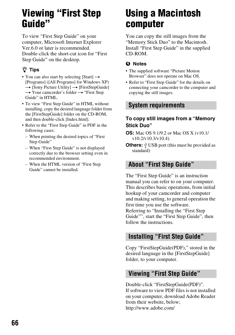 Viewing “first step guide, Using a macintosh computer | Sony DCR-HC48 User Manual | Page 66 / 116