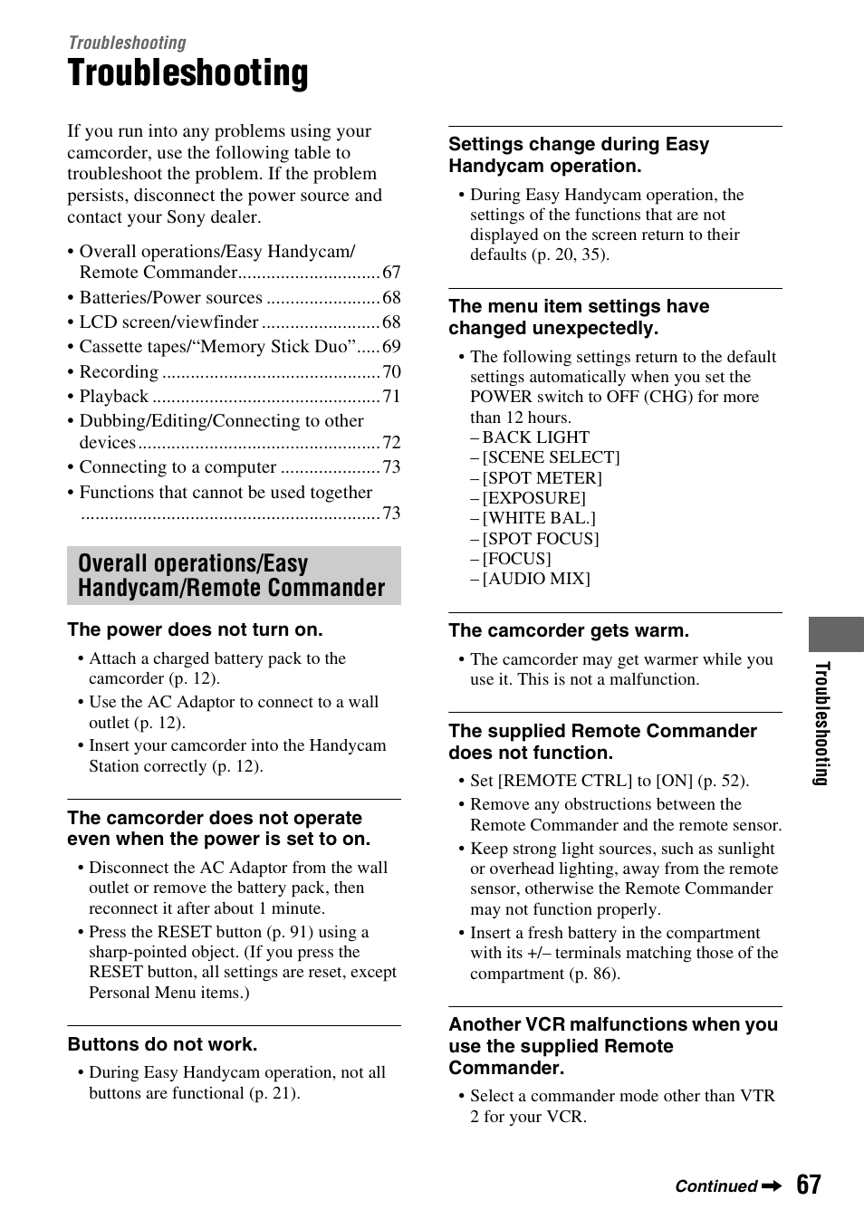 Troubleshooting, Overall operations/easy handycam/remote commander | Sony DCR-HC48 User Manual | Page 67 / 116