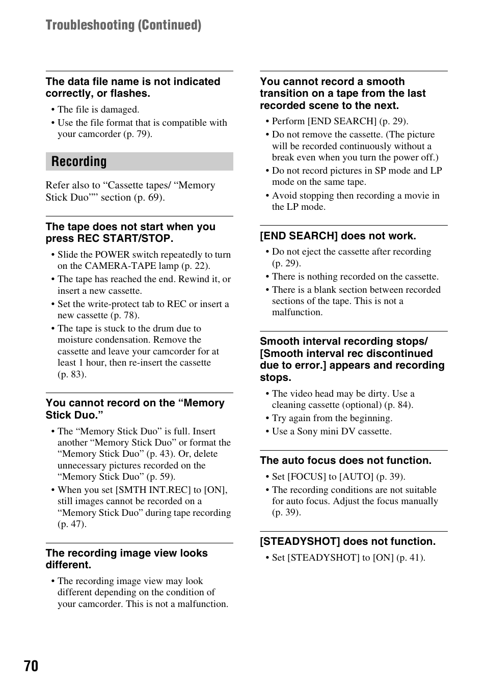 Recording troubleshooting (continued) | Sony DCR-HC48 User Manual | Page 70 / 116