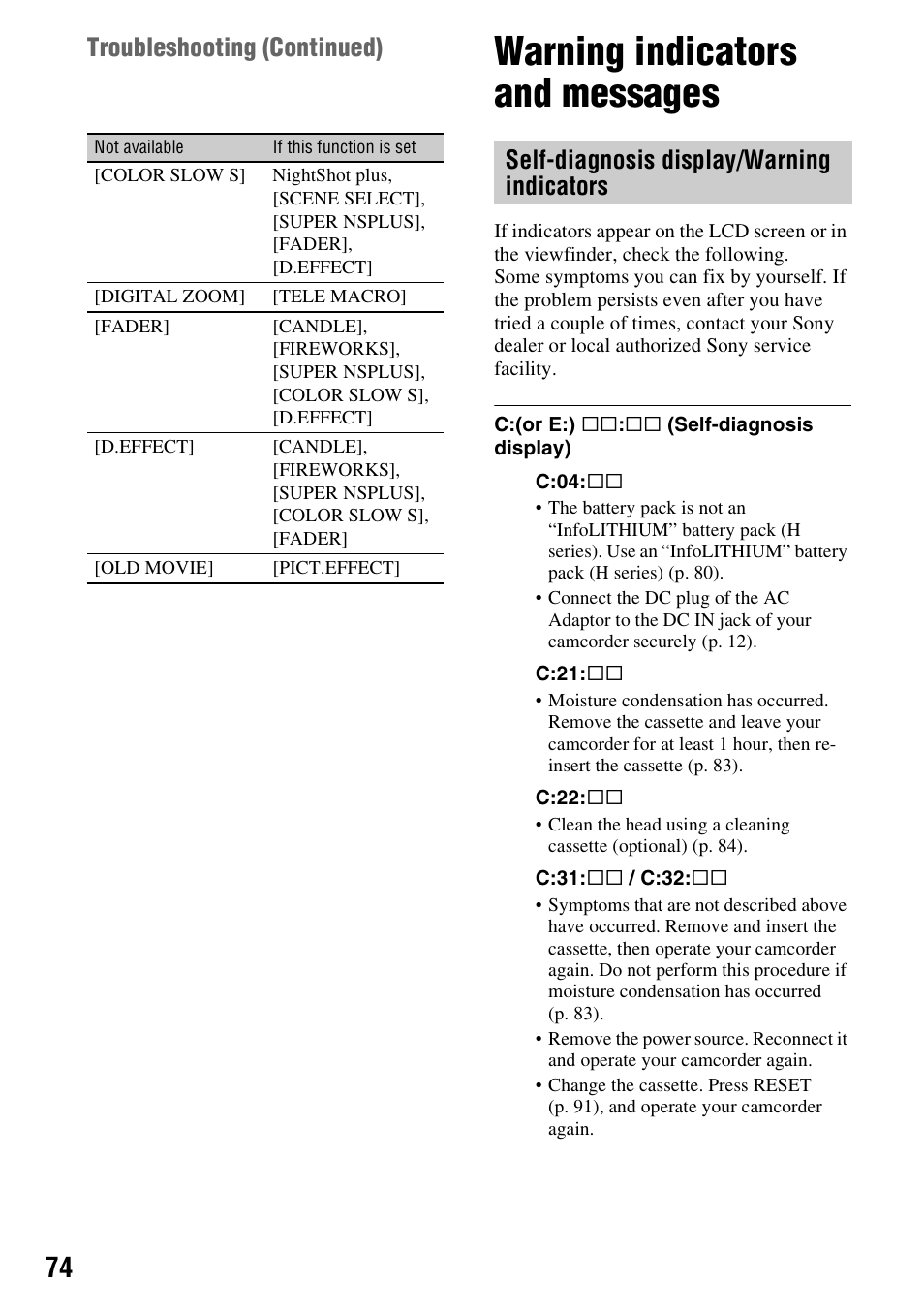 Warning indicators and messages | Sony DCR-HC48 User Manual | Page 74 / 116