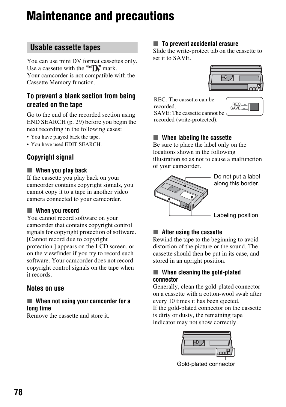 Maintenance and precautions, Usable cassette tapes, P. 78) | Sony DCR-HC48 User Manual | Page 78 / 116