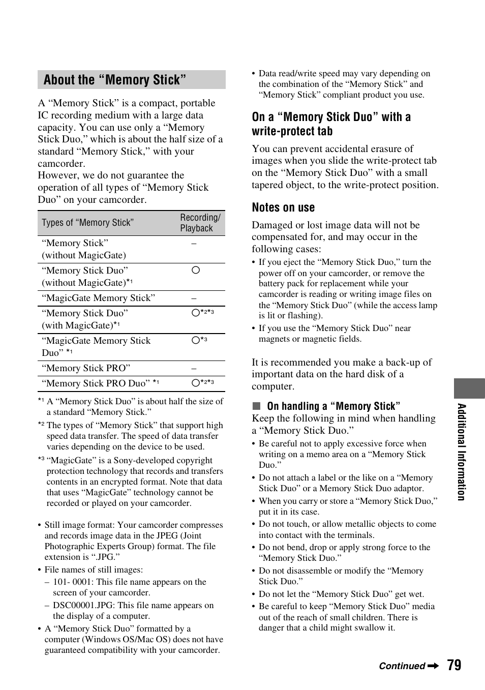 About the “memory stick, On (p. 79), P. 79) | P. 79 | Sony DCR-HC48 User Manual | Page 79 / 116