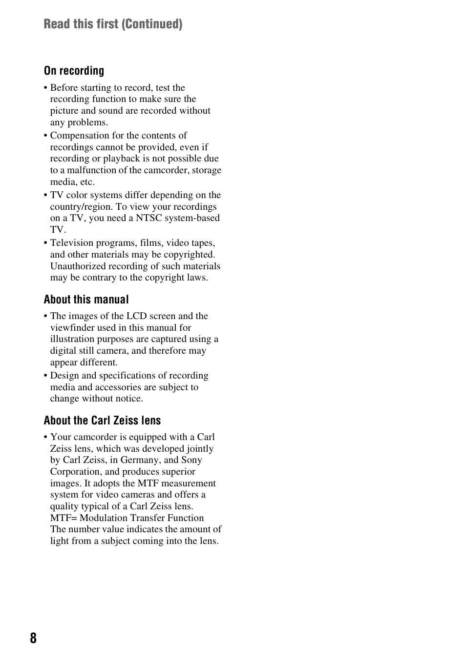 Read this first (continued) | Sony DCR-HC48 User Manual | Page 8 / 116
