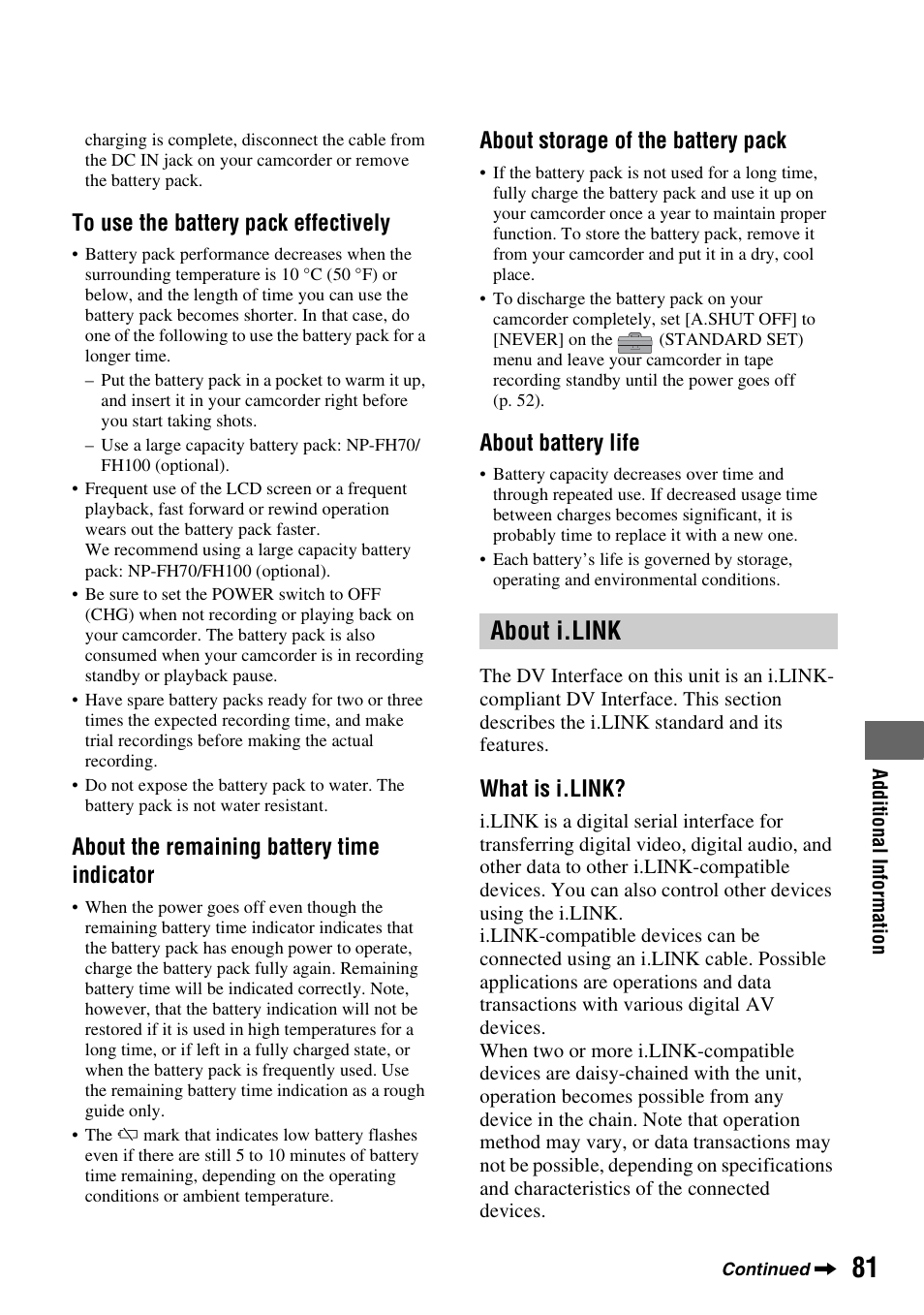 About i.link, About the remaining battery time indicator, About storage of the battery pack | About battery life, What is i.link | Sony DCR-HC48 User Manual | Page 81 / 116