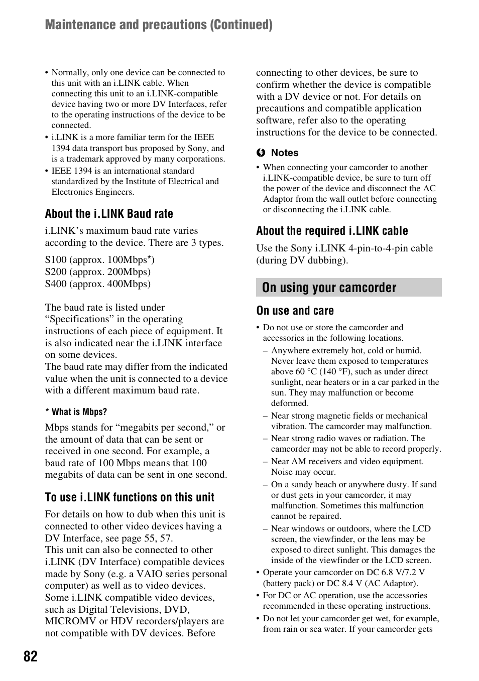 On using your camcorder, About the i.link baud rate, About the required i.link cable | On use and care | Sony DCR-HC48 User Manual | Page 82 / 116