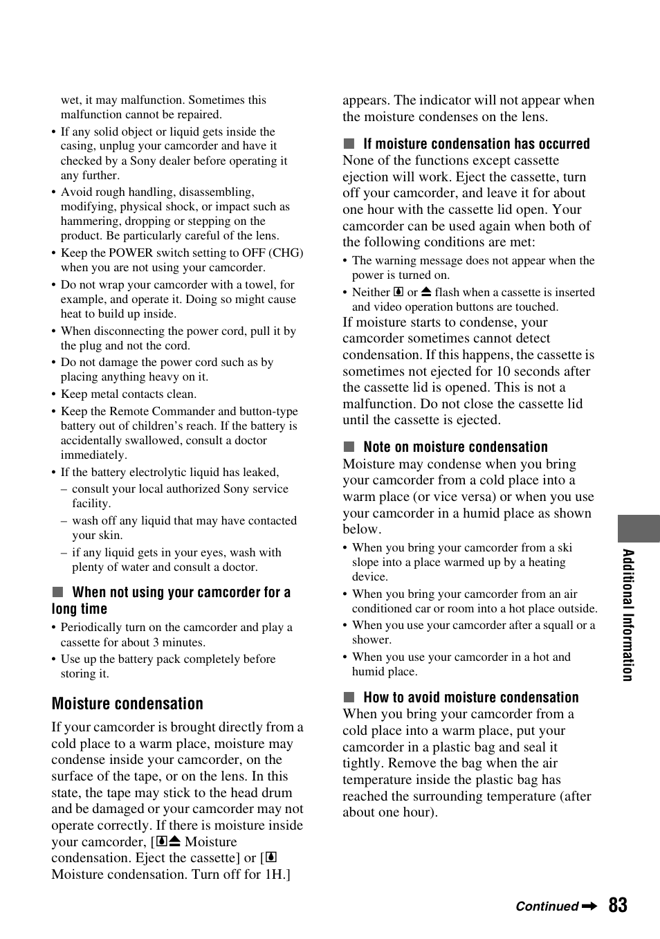P. 83, P. 83), E (p. 83) | N (p. 83, Moisture condensation | Sony DCR-HC48 User Manual | Page 83 / 116