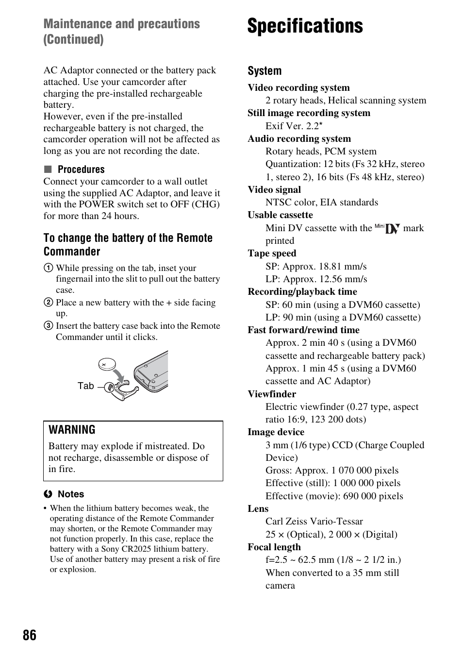 Specifications, P. 86), Maintenance and precautions (continued) | Sony DCR-HC48 User Manual | Page 86 / 116