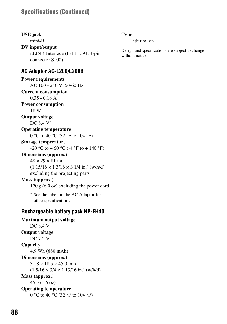 Specifications (continued) | Sony DCR-HC48 User Manual | Page 88 / 116