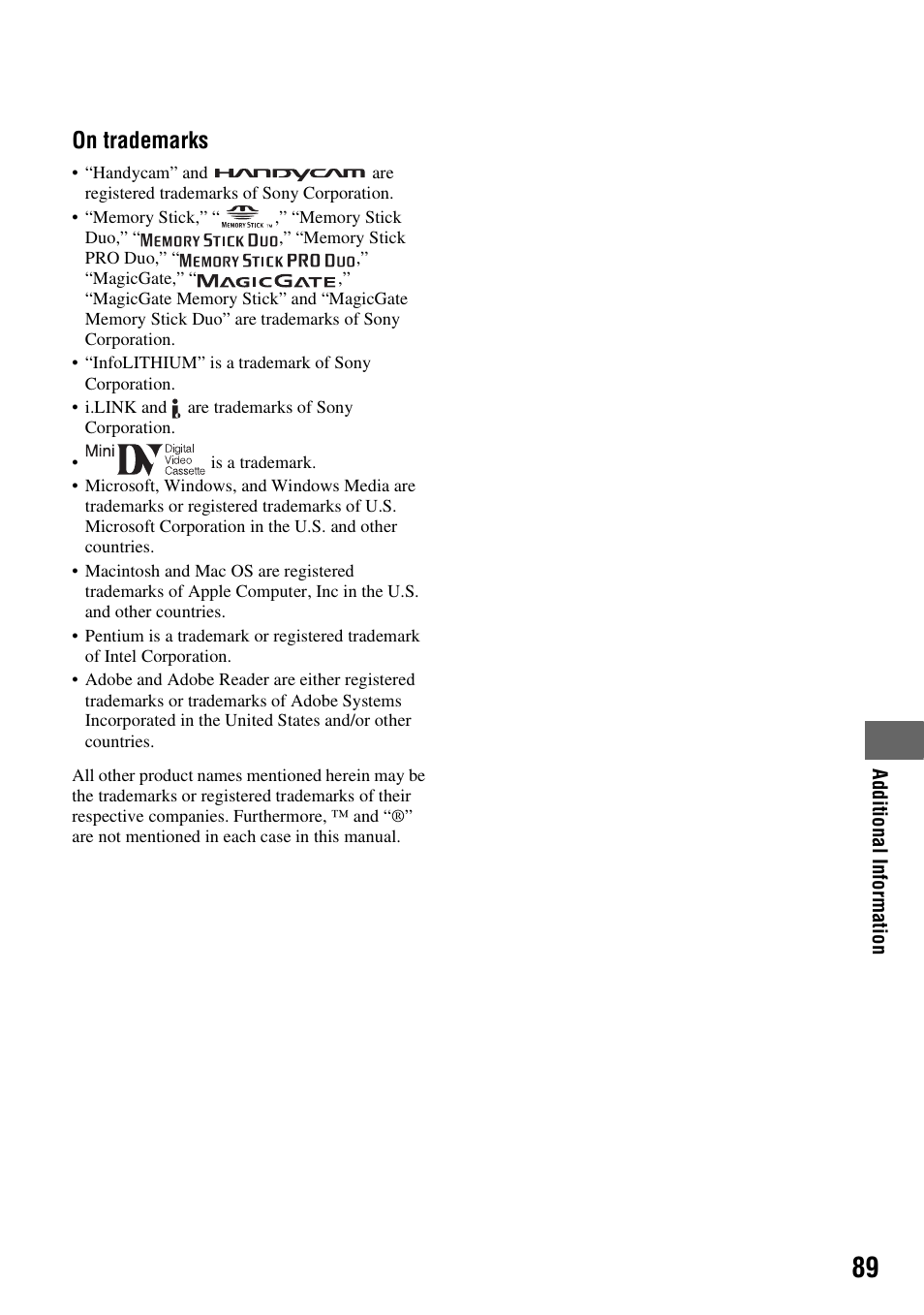 On trademarks | Sony DCR-HC48 User Manual | Page 89 / 116