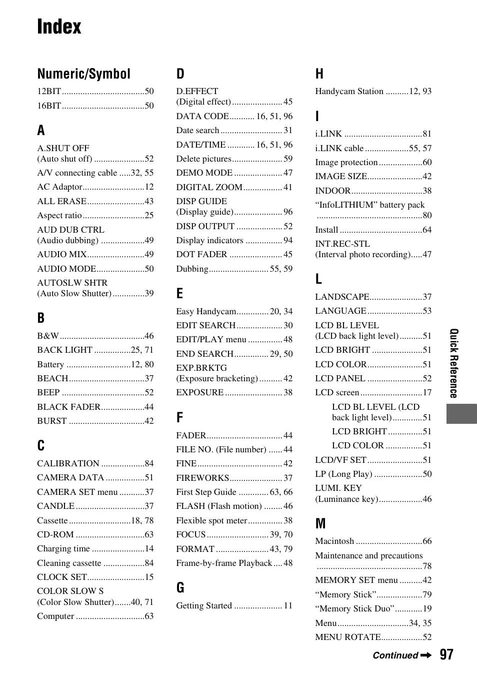 Index, Numeric/symbol | Sony DCR-HC48 User Manual | Page 97 / 116