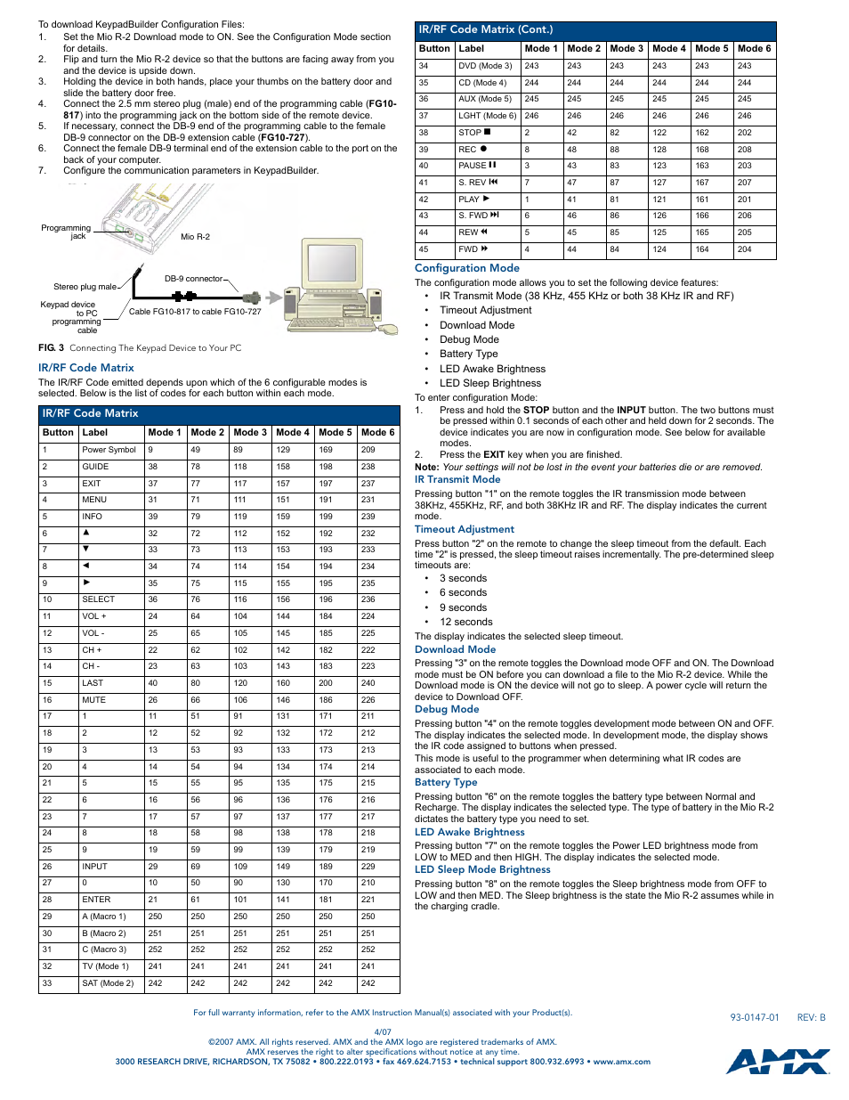 Ir/rf code matrix, Configuration mode, Ir transmit mode | Timeout adjustment, Download mode, Debug mode, Battery type, Led awake brightness, Led sleep mode brightness | AMX Mio R-2 User Manual | Page 2 / 2