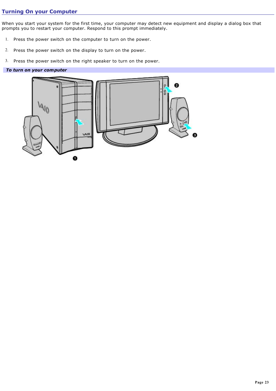 Turning on your computer | Sony PCV-RZ40CP User Manual | Page 23 / 91