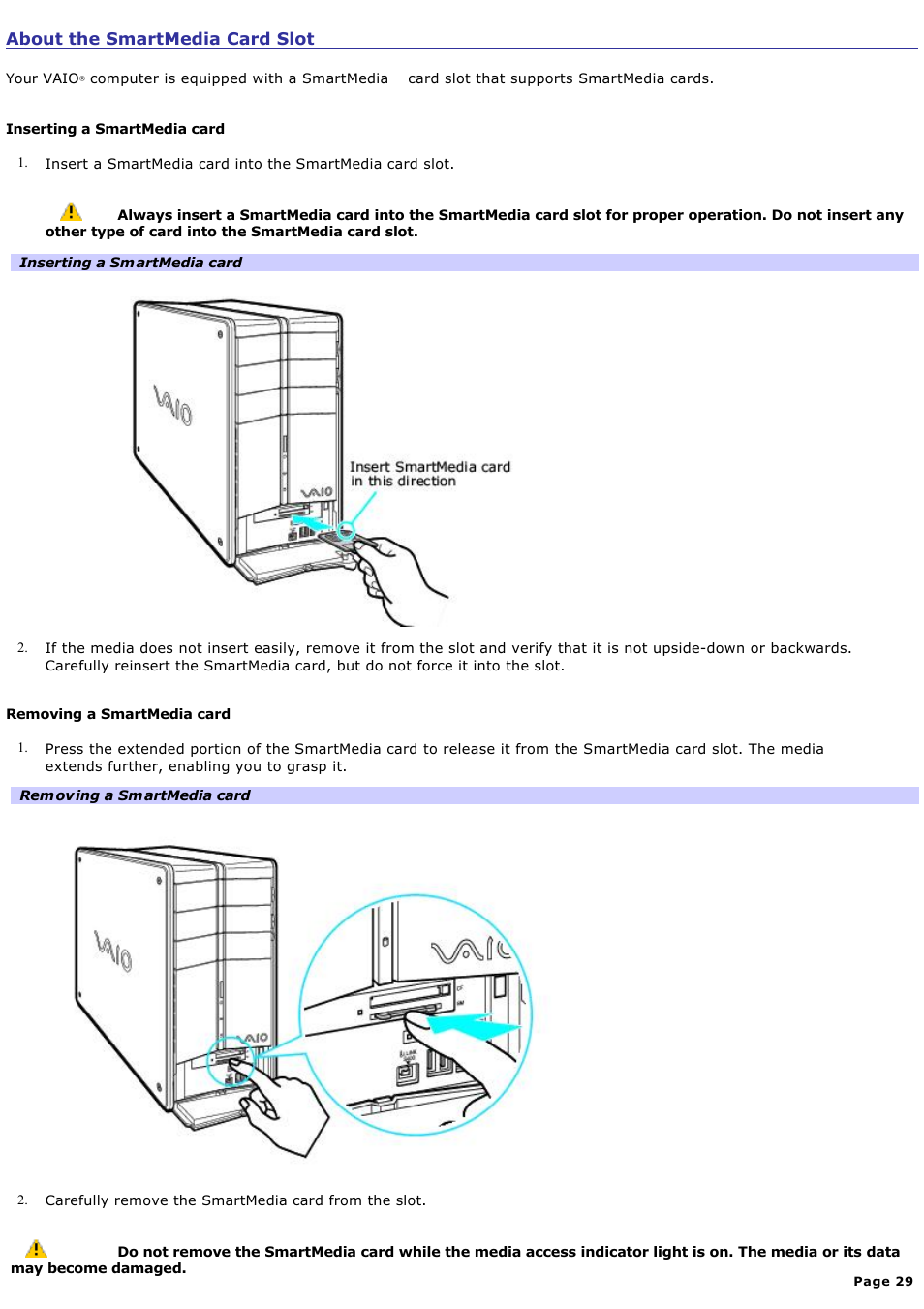 About the smartmedia card slot | Sony PCV-RZ40CP User Manual | Page 29 / 91