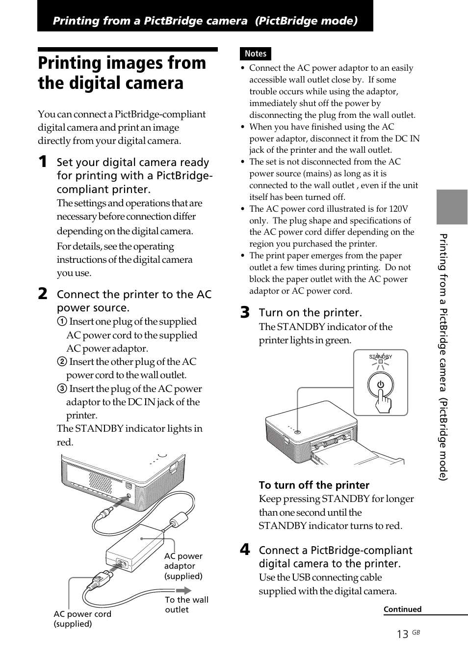 Printing images from the digital camera, Pictbridge-compliant digital camera, To ac outlet | Dc in jack, From a pictbridge-compliant digital camera, Standby indicator, Printing from a pictbridge, Camera (pictbridge mode), Printing images from, The digital camera | Sony DPP-FP30 User Manual | Page 13 / 50