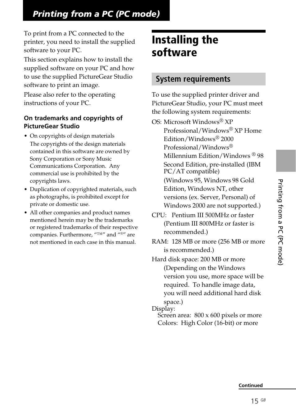 Printing from a pc (pc mode), Installing the software, System requirements | Sony DPP-FP30 User Manual | Page 15 / 50