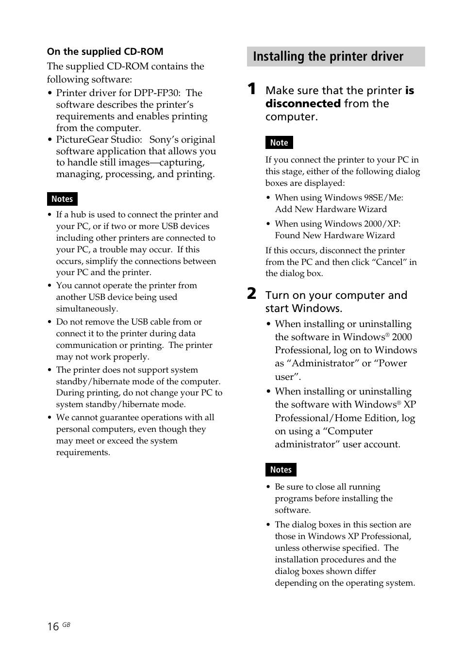 Installing the printer driver, Printer driver | Sony DPP-FP30 User Manual | Page 16 / 50