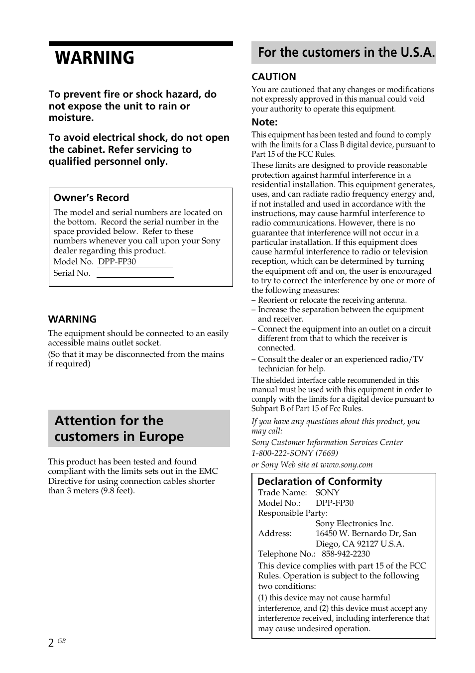 Warning, For the customers in the u.s.a, Attention for the customers in europe | Sony DPP-FP30 User Manual | Page 2 / 50