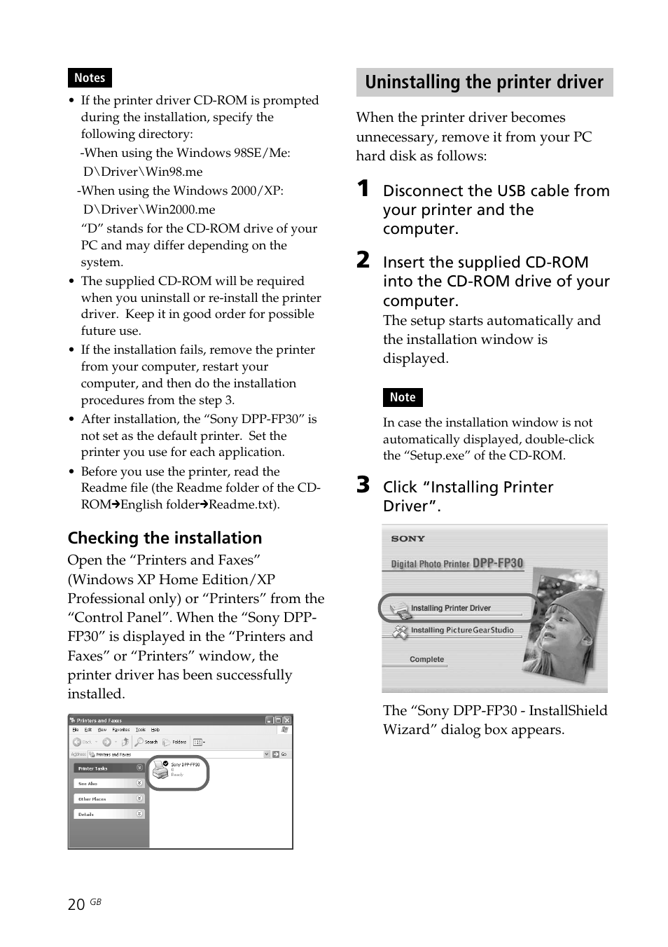 Uninstalling the printer driver, Printer driver | Sony DPP-FP30 User Manual | Page 20 / 50