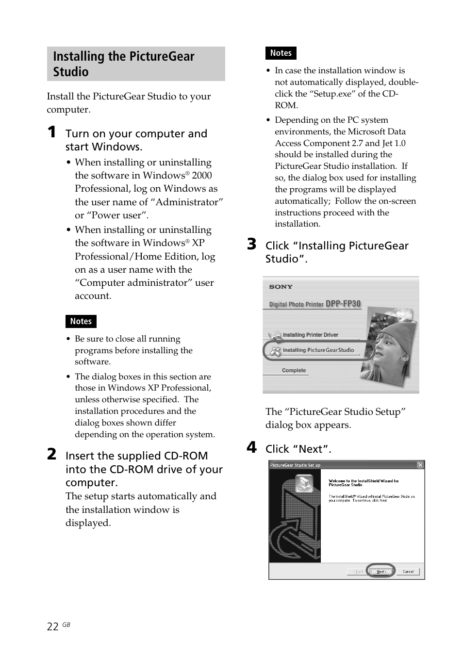 Installing the picturegear studio, Picture gear studio | Sony DPP-FP30 User Manual | Page 22 / 50