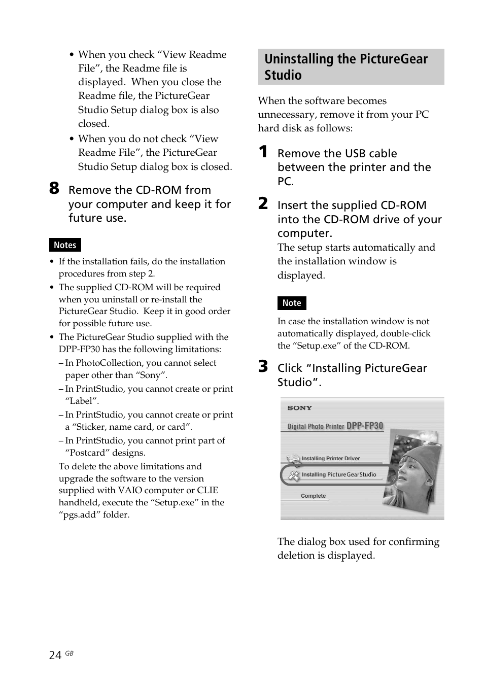 Uninstalling the picturegear studio, Picture gear studio, Printing photos from the picturegear | Studio | Sony DPP-FP30 User Manual | Page 24 / 50