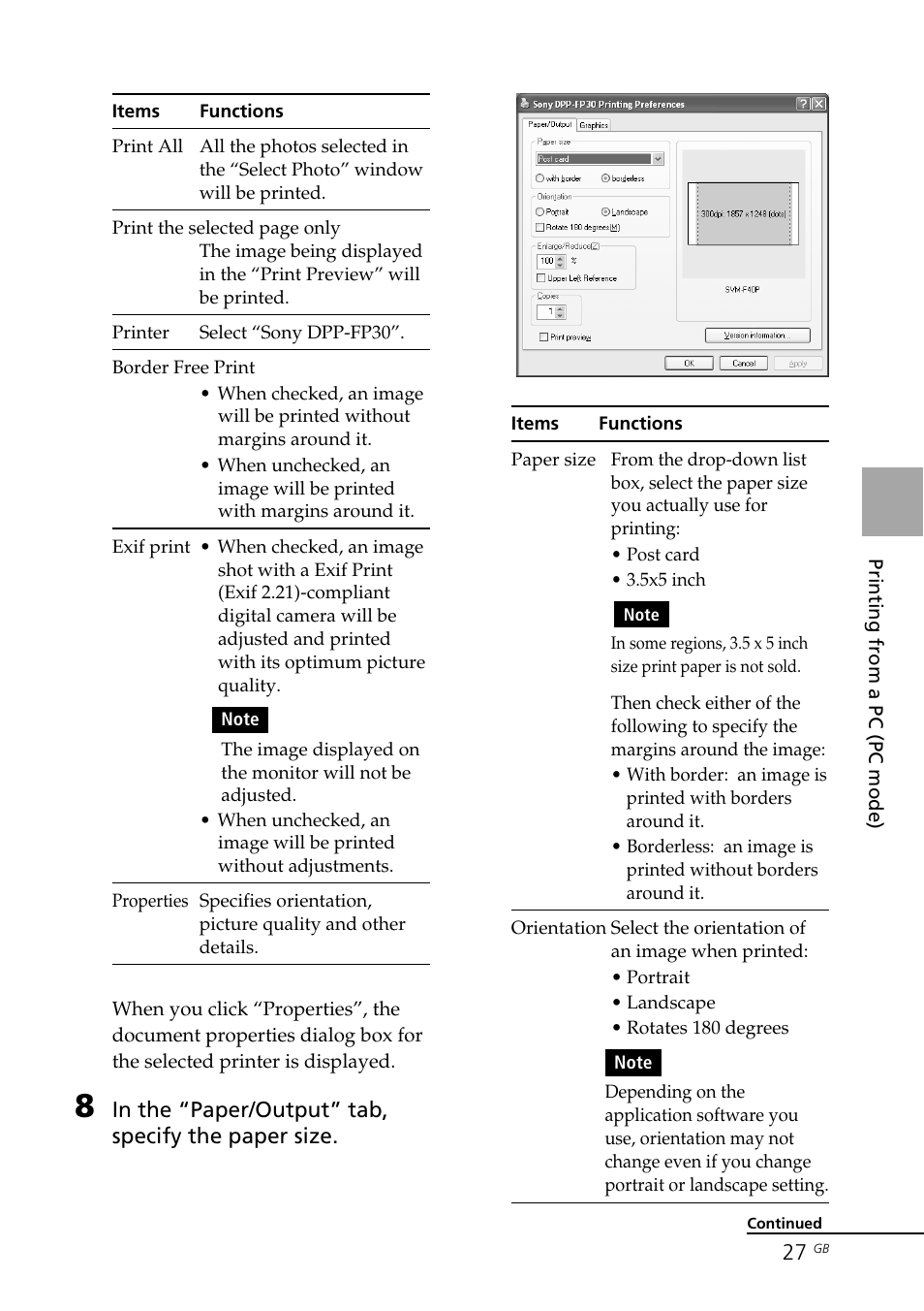 Border/borderless print, Orientation | Sony DPP-FP30 User Manual | Page 27 / 50