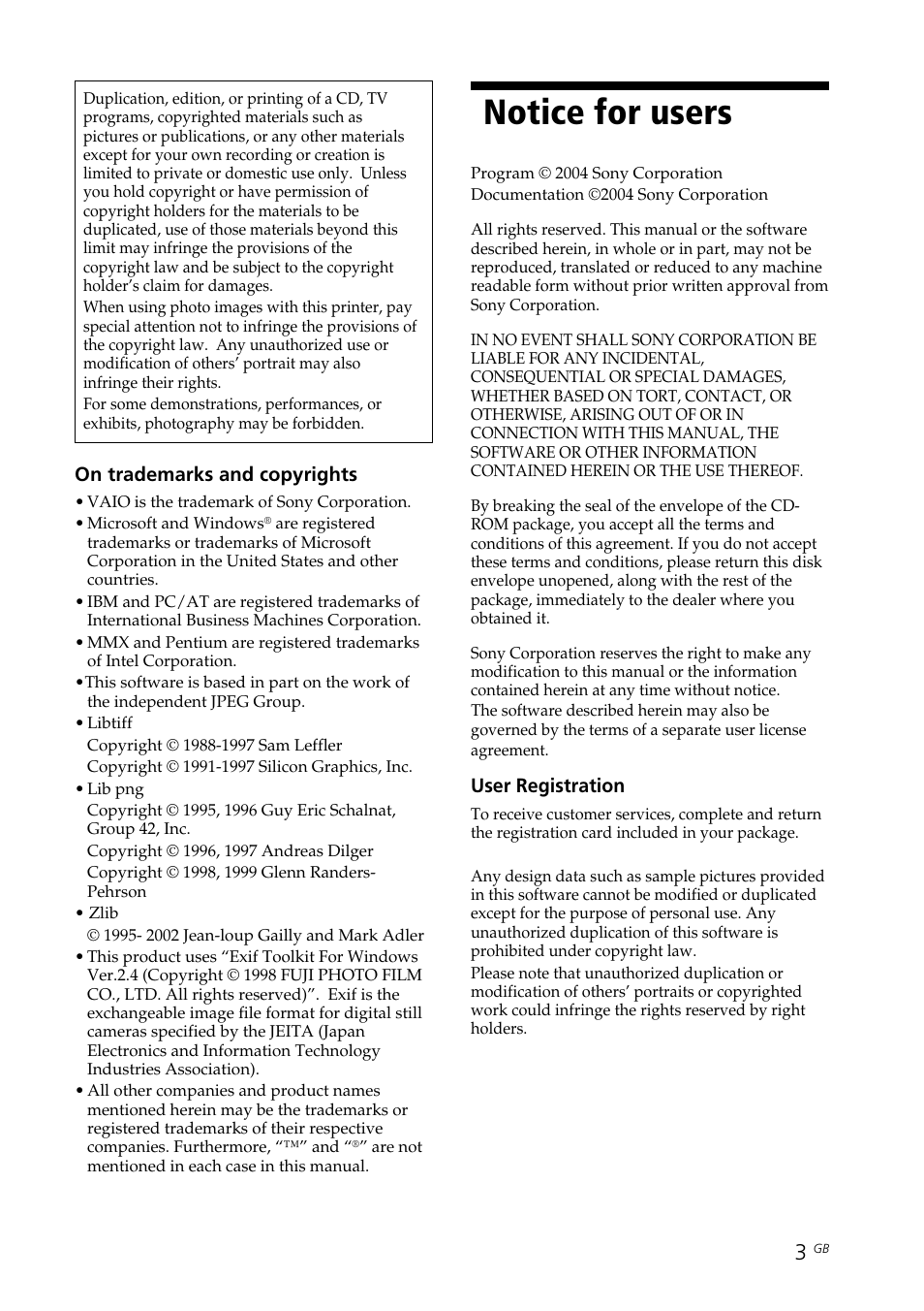 Notice for users | Sony DPP-FP30 User Manual | Page 3 / 50