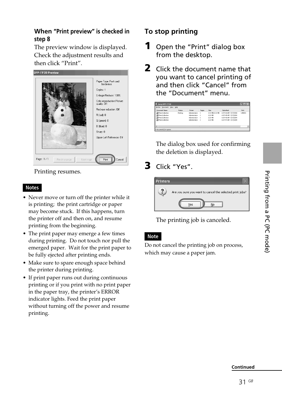 Preview, Stop printing, Printing from other application software | Sony DPP-FP30 User Manual | Page 31 / 50