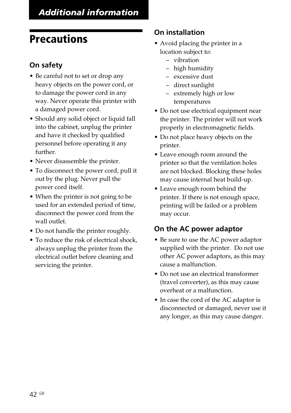 Additional information, Precautions | Sony DPP-FP30 User Manual | Page 42 / 50